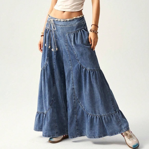Denim - Medium Wash Stretchy Waist Cotton Wide leg Denim Pants